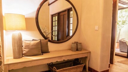 Poster - A charming entryway with a light oak bench a round mirror reflecting the soft light from a nearby window and a small collection of neutraltoned decorative items adding a touch of