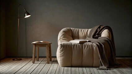 Aufkleber - A cozy reading nook with a plush oversized chair and a simple wooden side table. A warm throw blanket is carelessly draped over the arm while a slender floor lamp provides soft