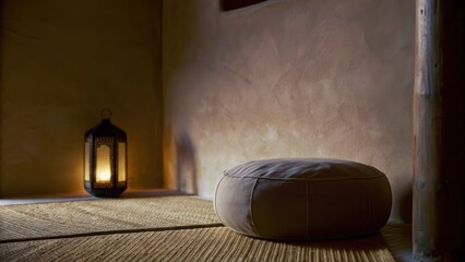 Aufkleber - A snug meditation corner with a round cushion on a natural fiber rug. Soft lighting from a nearby lantern creates an intimate atmosphere inviting relaxation and mindfulness.