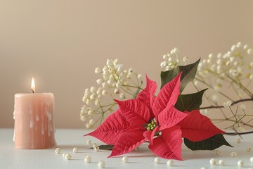 Poster - Over a pale beige setting, poinsettia blooms with gypsophila blooms and a blazing candle lovely combination for eve embellish and space, Generative AI.