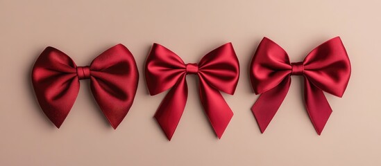 Aufkleber - Three elegant red silk ribbon bows arranged horizontally on a soft beige background showcasing luxury and festive decoration themes