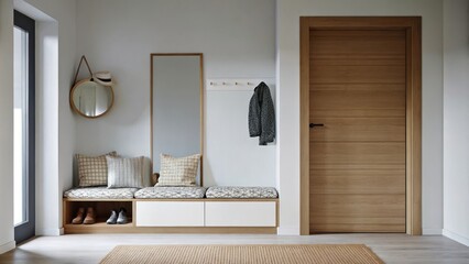 Poster - An entryway defined by a simple bench adorned with a couple of decorative cushions. A single wall mirror reflects light while a small coat rack holds just one hat and scarf keeping