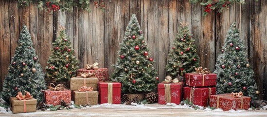 Poster - Festive Christmas trees adorned with ornaments beside colorful gift boxes against a rustic wooden backdrop for holiday themes.