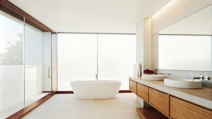 Aufkleber - A contemporary bathroom with smooth stone surfaces a freestanding tub p beneath a frosted window and soft lighting integrated into the mirror creating a spalike atmosphere.