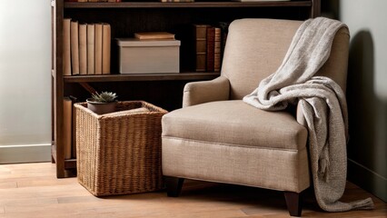 Aufkleber - A cozy reading nook with a plush armchair nestled beside a floortoceiling bookshelf a woven basket filled with soft blankets and a small side table with a growing succulent perfect