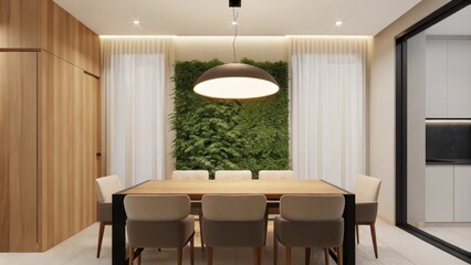 Poster - An airy dining area dominated by a rectangular wooden table surrounded by upholstered chairs with a statement pendant light hanging above and a wall of greenery providing a natural