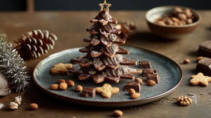Poster - Festive chocolate Christmas tree centerpiece with nuts and gingerbread cookies on a rustic table setting