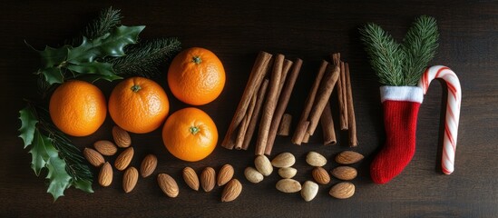 Aufkleber - Christmas symbols with stocking fir tree tangerines candy cane cinnamon and almonds on a rustic wooden background for festive decoration