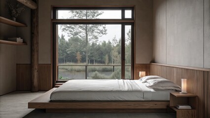 Poster - A tranquil bedroom contains a low wooden bed with crisp white linens a small nightstand with a single book and a large window that offers a view of a serene outdoor scene