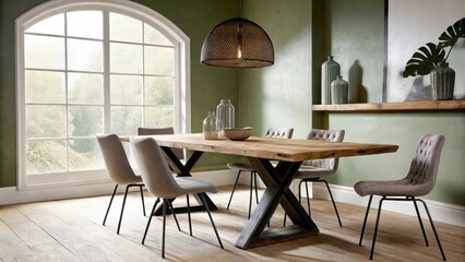 Poster - A bright dining area filled with a large reclaimed wood table surrounded by a mix of naturalfinish chairs an accent wall with a soft forest green hue and decorative elements like
