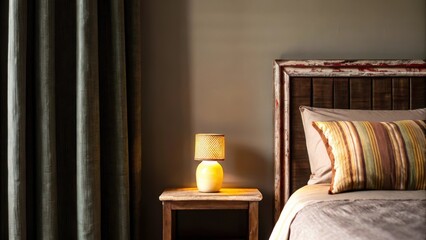 Aufkleber - An inviting bedroom featuring a rustic headboard made of reclaimed wood complemented by taupe bedding and plush muted green curtains. A small nightstand holds a simple ceramic lamp