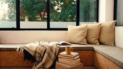 Aufkleber - A tranquil reading nook with a large window seat surrounded by lush greenery outside. Earthtoned cushions and a woven throw blanket invite relaxation while an organic cork side