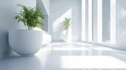 Poster - Modern bright interior of a spacious white room featuring elegant plants and minimalist cabinetry for a fresh contemporary ambiance
