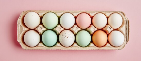 Poster - Colorful Easter eggs arranged in a cardboard container on a soft pink background for festive holiday decoration and celebration ideas