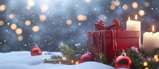 Poster - Cozy Christmas scene with a gift box, candles, festive ornaments, and snowflakes creating a serene holiday atmosphere with text space