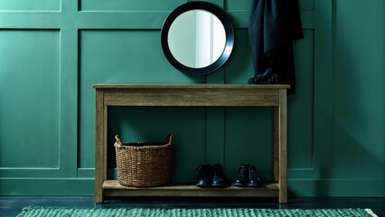 Poster - A welcoming entryway featuring a wooden console table against a light olive green wall. A round mirror above the table adds depth while a simple woven basket sits below holding