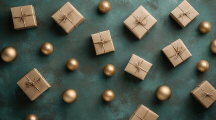 Poster - Minimalist winter holiday composition featuring craft gift boxes and golden balls on a teal background, perfect for Christmas and New Year.