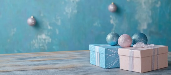 Aufkleber - Festive gift boxes with decorative balls on a rustic wooden table against a textured blue background ideal for holiday themed projects