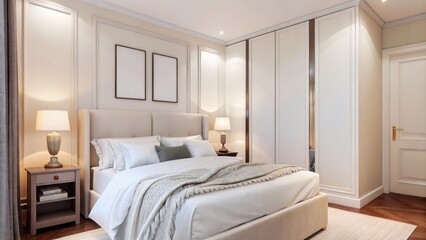 Aufkleber - A serene bedroom features a soft beige upholstered bed layered with crisp white linens and a chunky knitted throw alongside minimalist bedside tables holding softly glowing lamps