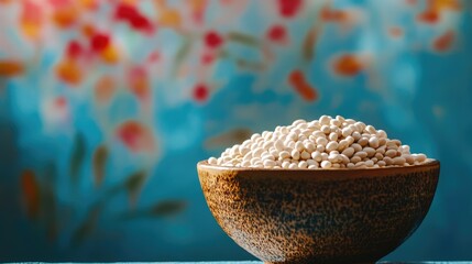 Poster - Closeup of white beans in a rustic bowl against a colorful blurred background showcasing natural textures and vibrant colors.