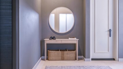 Poster - A peaceful entryway showcasing soft greengray walls a simple console table in light wood and a large round mirror reflecting the gentle light. A woven basket for shoes adds warmth
