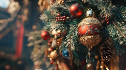 Poster - Close up of beautifully decorated Christmas tree ornaments in festive setting with rich colors and textures