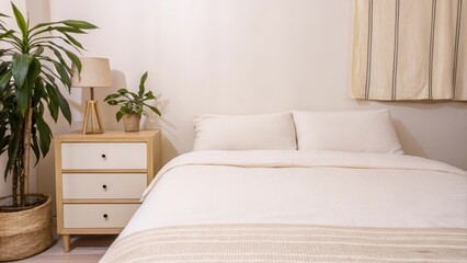 Poster - A serene bedroom showcasing a low Japanese platform bed with an organic cotton duvet in soft muted colors. A small bedside table made of light wood holds a delicate ceramic lamp