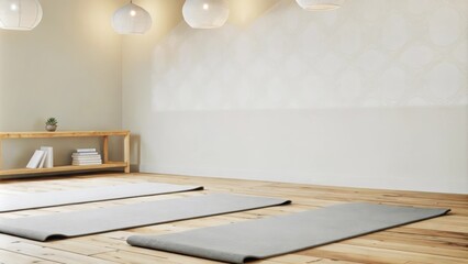 Poster - A cozy yoga room with plain neutralcolored mats aligned on a natural wood floor. Soft ambient lighting and minimalist wall art create an atmosphere of calm with a small shelf