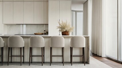 Aufkleber - An airy kitchen with light cream cabinetry and a smooth gray countertop. Neutralcolored bar stools line the breakfast bar while a delicate arrangement of herbs in soft terracotta
