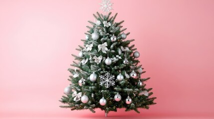 Poster - Minimalist Christmas tree adorned with silver baubles and bows against a light pink backdrop elegant festive decoration concept