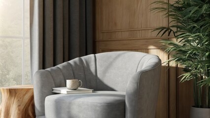 Aufkleber - A cozy reading nook positioned by a window featuring a plush curved armchair in soft gray fabric. A handcrafted side table with an organic edge holds a steaming mug while an