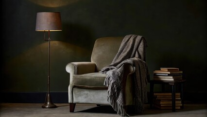 Aufkleber - A cozy reading nook with an overstuffed armchair upholstered in muted velvet. An intricately woven throw drapes casually over the side and a nearby floor lamp emits a warm glow