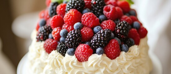 Poster - Cheesecake adorned with fresh red and blue berries perfect for a festive gathering with friends and family celebrations