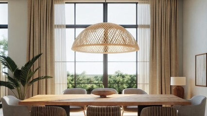 Aufkleber - An airy dining room with a large organicshaped wooden table surrounded by asymmetrical minimalist chairs. A statement pendant light made of woven rattan casts warm light while a