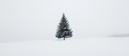 Aufkleber - Solitary evergreen tree in a snowy landscape surrounded by serene winter scenery and soft falling snowflakes