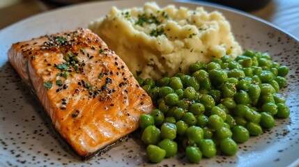 Aufkleber - Delicious roasted salmon served with creamy mashed peas and vibrant green sprouts on a modern plate for a delightful dinner presentation