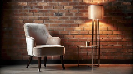 Aufkleber -  a single plush armchair and a small side table bathed in soft light from a modern floor lamp create an inviting space.