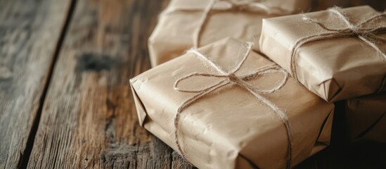Aufkleber - Rustic Christmas gifts wrapped in brown paper and twine arranged on a textured wooden surface ideal for holiday themed visuals.
