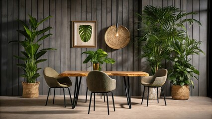 Poster - An openplan dining area with a table crafted from a single slice of a tree trunk complemented by mismatched chairs that display organic shapes. Potted plants in woven baskets bring