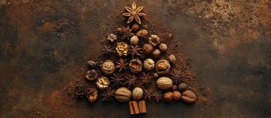 Aufkleber - Christmas tree design created using nuts, cinnamon sticks and star anise on rustic background viewed from above