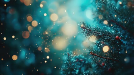 Poster - Glowing Christmas tree background with blurred decorations and sparkling lights creating a festive holiday atmosphere