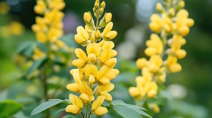 Poster - Closeup of vibrant yellow flowers amidst lush green foliage in a serene garden setting showcasing nature's beauty and tranquility.