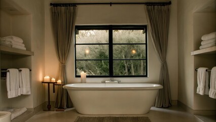 Poster - A spalike bathroom with a freestanding tub beneath a large window adorned with soft towels neatly arranged on a minimalist shelf accentuated by gentle lighting and a single candle