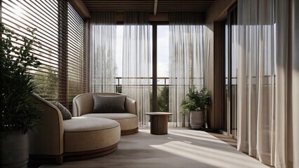 Aufkleber - A relaxing sunroom filled with lush plants and furniture featuring rounded edges including a curved loveseat and a soft circular coffee table. Sheer flowing curtains gently filter