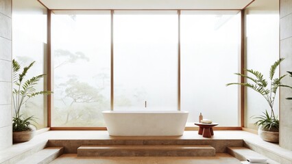 Poster - A tranquil bathroom with a freestanding soaking tub under a frosted glass window surrounded by plants and polished stone surfaces giving a spalike feel filled with soothing light.