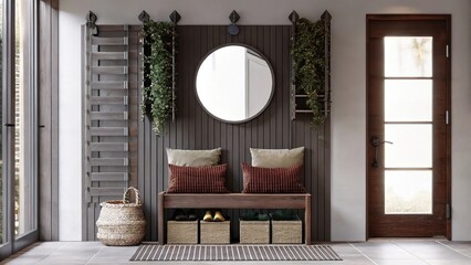 Poster - A contemporary entryway showcases a bench made from reclaimed wood with colorful cushions flanked by vertical planters b with cascading greenery. A large round mirror reflects