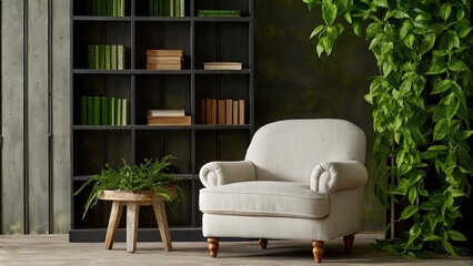 Aufkleber - A cozy reading nook includes a soft linen armchair and a small side table made from reclaimed wood. An accent wall of exposed brick serves as a backdrop while a large bookshelf
