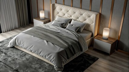 Aufkleber - A tranquil bedroom designed with a tufted cream headboard and a crisp white duvet complemented by textured cushions in muted taupe and a plush textured rug that invites warmth and