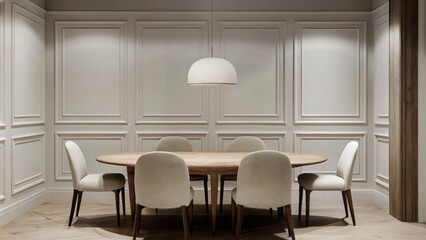Poster - An elegant dining room with an oval wooden table finished in a muted ash tone. The chairs are upholstered in light linen fabric and the walls are adorned with subtle white paneling