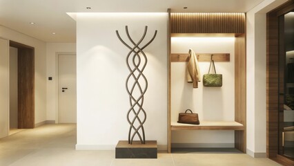 Poster - An elegantly designed foyer showcases a tall sculptural coat rack made of twisted metal resembling a flowing vine. Its organic shape adds character to the space while providing